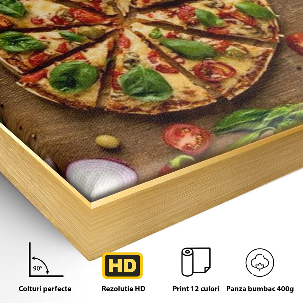 Detaliu al suprafetei: tablou canvas cu pizza si legume, in rama de aluminiu auriu
